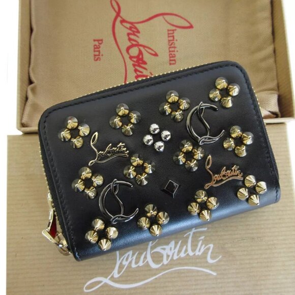 Auth Christian Louboutin Panettone Coin case Black / Gold / Silver leather